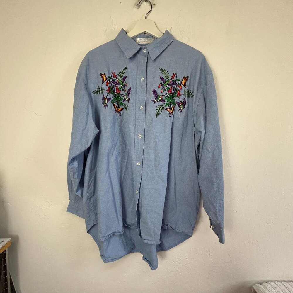Casey Coleman Womens Floral & Butterfly Embroidered Button-Up Shirt Top XL Blue